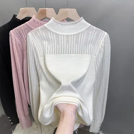 半高领毛衣女蕾丝打底衫2025春秋新款泡泡袖针织衫内搭洋气上衣潮商品大图