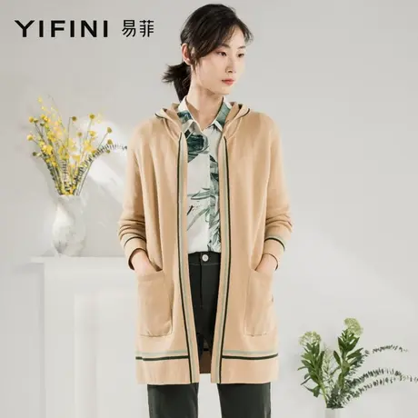 Yifini/易菲22秋新款减龄连帽宽松毛织外套女针织开衫2002T009商品大图
