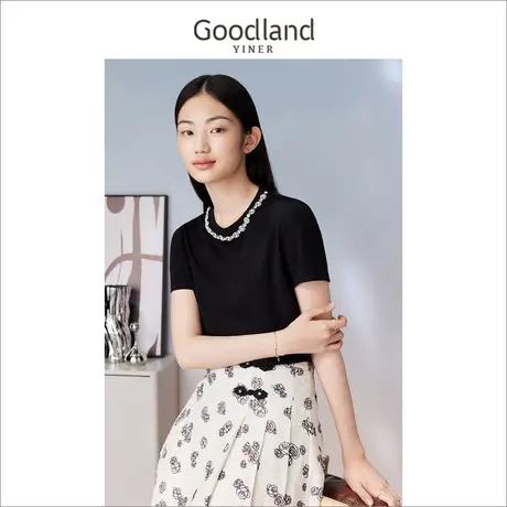 Goodland美地女装2023夏季时尚钉钻圆领T恤短袖垂感黑色上衣商品大图