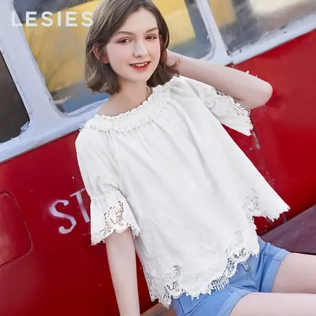 蓝色倾情夏季女装新款 一字领上衣女白色很仙的上衣百搭洋气小衫商品大图