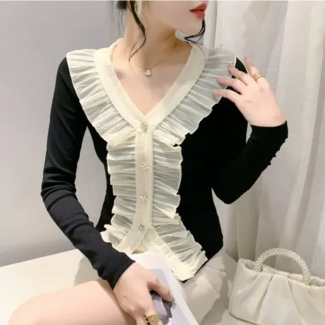 欧货复古荷叶边纽扣长袖打底衫气质减龄上衣女修身百塔春装T恤ins商品大图