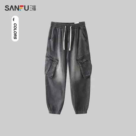 三福2024春季男士风琴袋宽松慢跑牛仔裤 趣味休闲长裤男482378商品大图