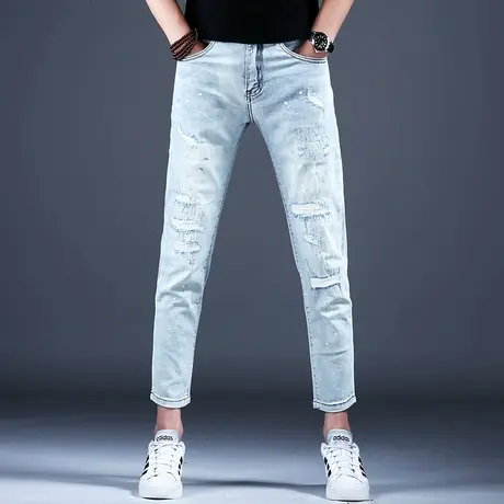 浅色破洞九分牛仔裤男款春秋季弹力裤子潮流男士小脚修身休闲潮裤商品大图