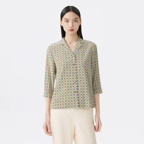 LANCY/朗姿春季桑蚕丝几何图形女衬衫女长袖印花宽松通勤衬衣商品大图