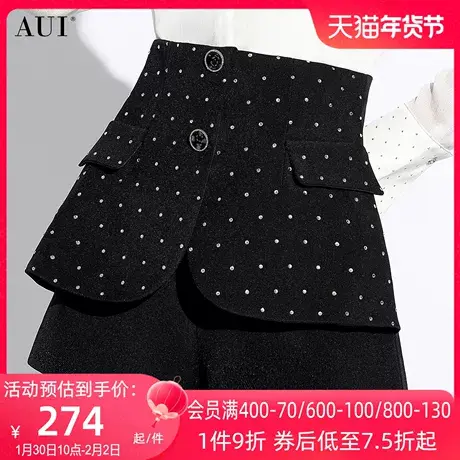 AUI黑色小个子显高显瘦短裤女2024春夏新款设计感高腰波点阔腿裤图片