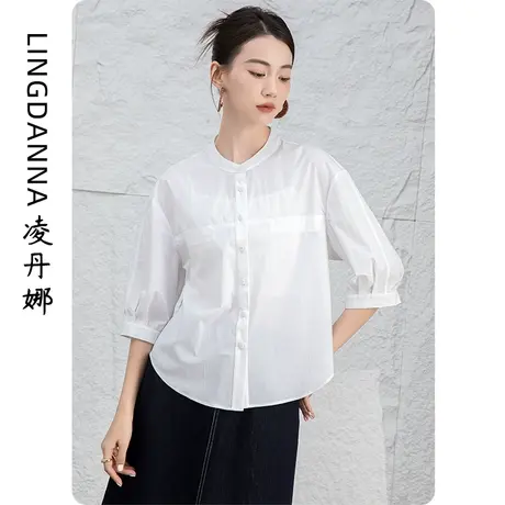 天丝棉高端白色衬衫女高级感轻奢立领七分袖内搭上衣圆领衬衣女装图片