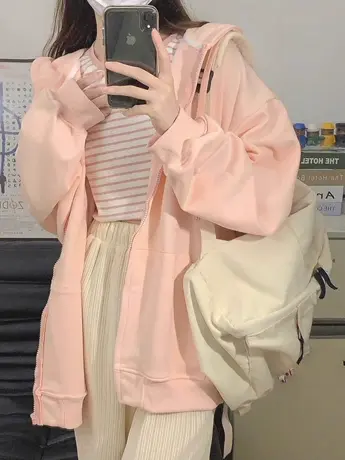 粉色开衫卫衣女春秋薄款慵懒风宽松小个子oversize拉链连帽外套潮商品大图