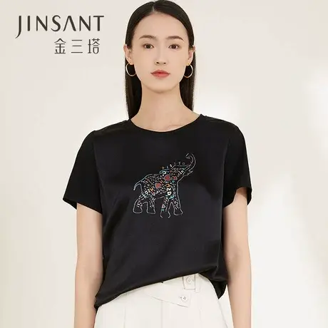 大象出走】桑蚕丝趣味印花舒适时尚短袖T恤小衫女金三塔春夏新品商品大图