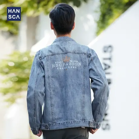 汉斯卡2021春秋季修身牛仔外套男士百搭潮流后背字母刺绣牛仔夹克商品大图