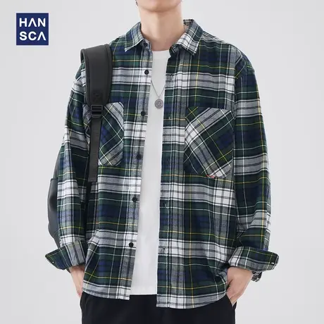 hansca格子衬衫男春季新款长袖设计感高级上衣纯棉休闲宽松衬衣男商品大图