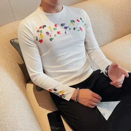 OOTD涂鸦印花T恤男长袖春夏半高领短袖tee休闲百搭修身打底小衫潮商品大图