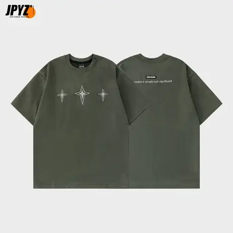 男生潮牌t恤圆领纯棉印花麂皮落肩袖宽松休闲五分袖大码男装体恤商品大图