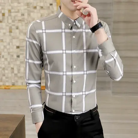 新款格子衬衫男士长袖潮流商务休闲衬衣青年韩版帅气百搭寸衫秋装商品大图