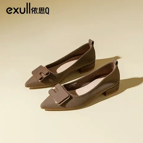 依思q浅口尖头方扣粗跟单鞋女2024春季新款一脚蹬女鞋法式工作鞋商品大图