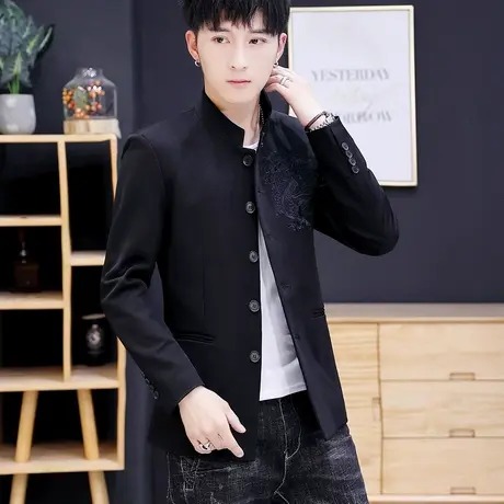 男士立领中山装外套青年中国风刺绣西服套装潮流唐装西装三件套潮商品大图