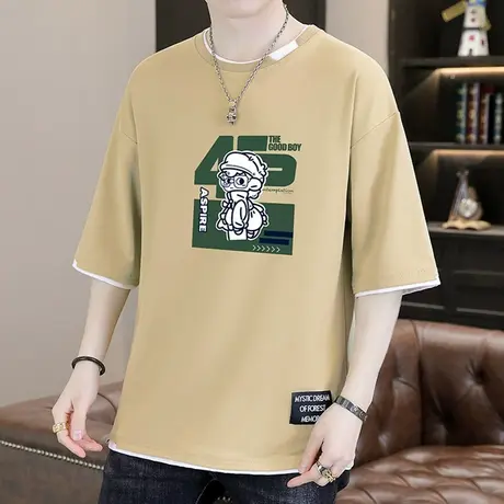 假两件短袖男款夏季潮牌印花冰丝t恤男生宽松休闲青少年半袖体恤商品大图