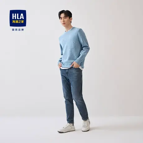 HLA/海澜之家2023圆领长袖针织衫加绒加厚修身温暖蓝色毛衣男图片