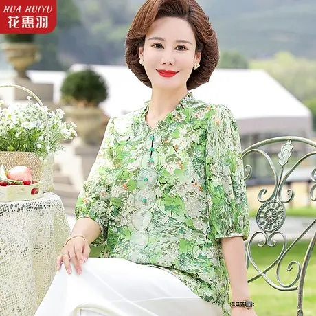 中年妈妈夏装七分袖碎花雪纺衫洋气上衣新款中老年女T恤小衫衣服商品大图