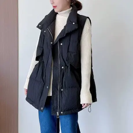 收腰立领羽绒马甲女韩版东大门中长款百搭抽绳白鸭绒背心外搭外套商品大图