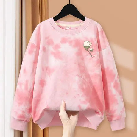 粉色圆领卫衣女2023秋季新款宽松女款衣服春秋装薄款女生扎染上衣商品大图