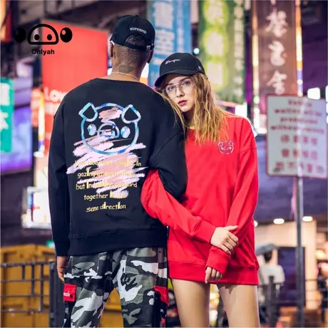 卫衣女春秋2022新款情侣装黑色涂鸦印花长袖男纯棉宽松圆领运动服商品大图