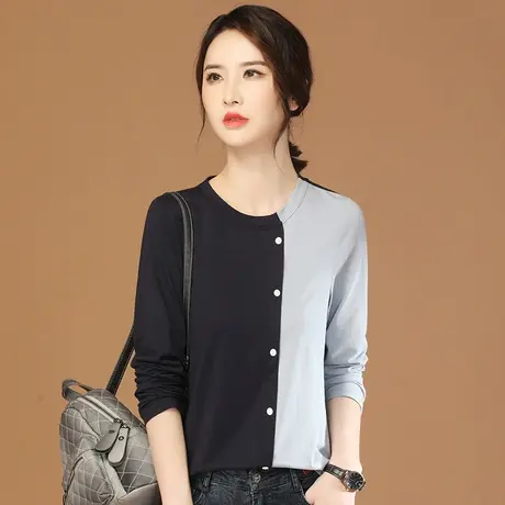 韩潮袭人圆领拼接撞色长袖T恤女2023秋装休闲宽松百搭打底衫上衣图片