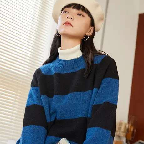 omont蛋挞家 复古圆领条纹羊毛毛衣女秋冬季加厚宽松百搭针织上衣商品大图