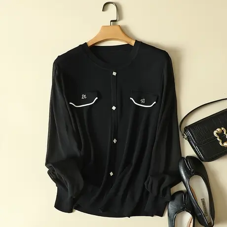 秋装2023年新款雪纺袖冰丝针织假开衫女宽松上衣洋气蕾丝打底衫女商品大图