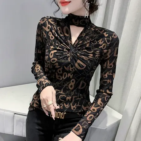 半高领打底衫女春秋新款性感镂空交叉长袖T恤紧身内搭网纱上衣潮商品大图