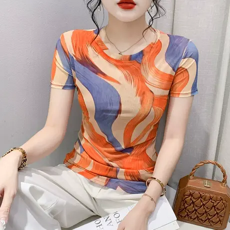 时尚印花网纱T恤女短袖设计感小众拼色上衣洋气圆领修身小衫夏装商品大图