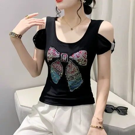 时尚露肩T恤女短袖2023夏装新款性感气质小衫重工烫钻圆领上衣潮商品大图