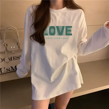 秋冬冬新款纯棉宽松字母印花长袖T恤女百搭女士上衣t恤打底衫ins商品大图