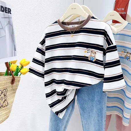 韩国东大门高级感条纹上衣夏季ins日系甜美小熊纯棉短袖T恤宽松体商品大图