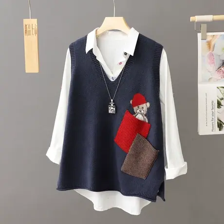 复古V领针织衫上衣毛衣马甲背心外穿宽松刺绣针织马夹无袖坎肩女图片