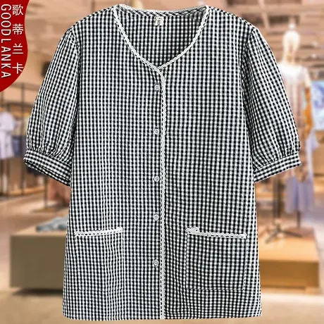 中年妈妈夏季短袖格子小衫上衣宽松洋气时尚T恤衫加肥加大V领上衣商品大图