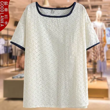 中年妈妈夏装短袖t恤女加大码宽松洋气妈妈装镂空绣花纯棉T恤上衣商品大图