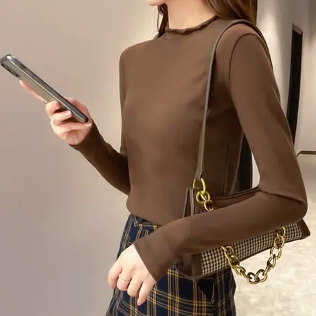 秋季2023新款韩版修身设计感小众圆领时尚木耳边长袖T恤上衣女装图片