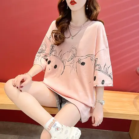 设计感小众短袖t恤女夏季韩版宽松大码女装中长款学生可爱上衣服商品大图