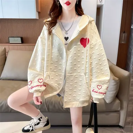 卫衣女春秋季韩版宽松大码bf慵懒风薄款小个子华夫格提花开衫外套商品大图