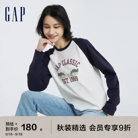 Gap女装秋季2023新款LOGO撞色插肩袖长袖T恤755937运动休闲上衣图片