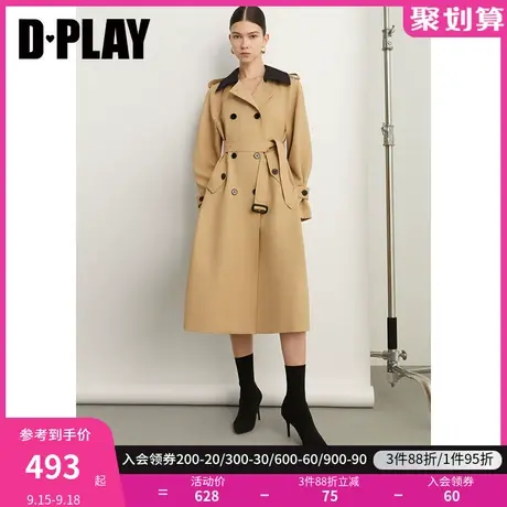 DPLAY黑标2023秋轻奢英伦通勤廓形卡其拼黑老钱风中长款大摆风衣图片
