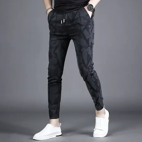 2022新款裤子男休闲裤九分裤夏季薄款冰丝透气迷彩提花男士休闲裤商品大图