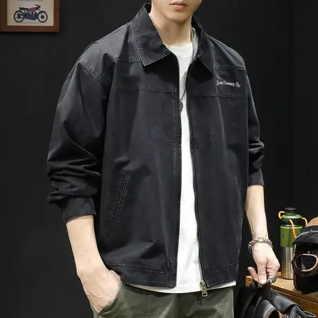 夹克外套男春秋翻领飞行员潮牌2023新款男款休闲黑色日系上衣大码图片