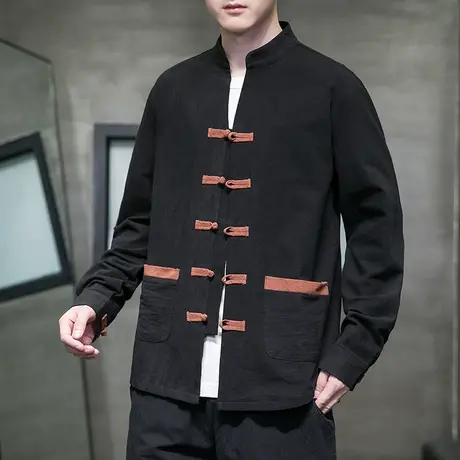 2023秋季新款男长袖衬衫复古宽松盘扣民族风格休闲上衣服大码男装图片