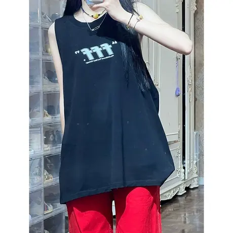 纯棉吊带运动坎肩背心无袖t恤女夏季外穿篮球服宽松港风挂脖上衣商品大图