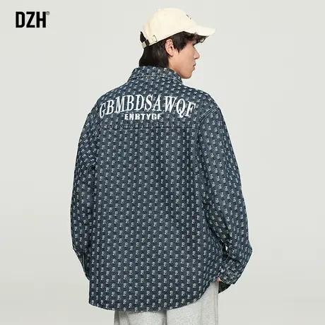 男士水洗复古牛仔衬衫男秋季长袖2024年新款字母刺绣上衣蓝色衬衣图片