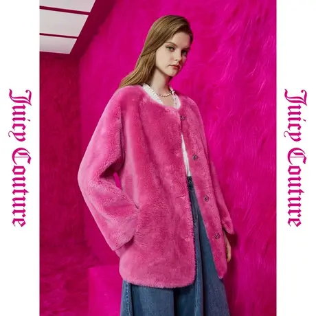 Juicy Couture橘滋23新款摩登粉圆领羊毛绒女式大衣商品大图