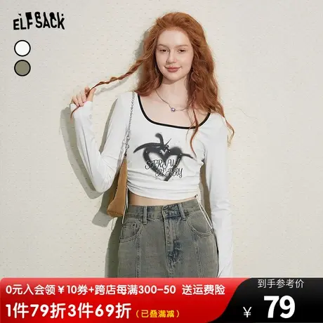 妖精的口袋bm风长袖短款t恤女2023秋季新款印花方领修身辣妹上衣图片