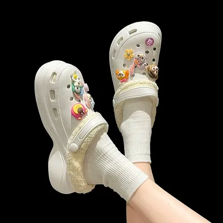 包头洞洞鞋女冬季ins潮卡通可爱外穿防滑加绒厚底增高保暖棉拖鞋图片