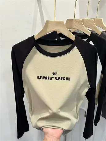 撞色圆领长袖T恤时髦修身短款上衣女2023早秋新款体恤弹力针织衫商品大图